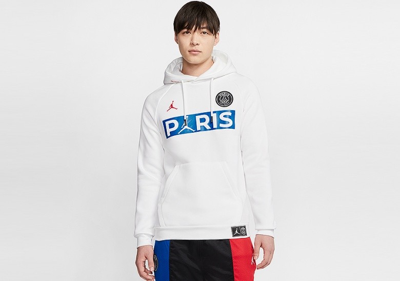 NIKE AIR JORDAN PSG PARIS SAINT-GERMAIN FLEECE PULLOVER HOODIE WHITE